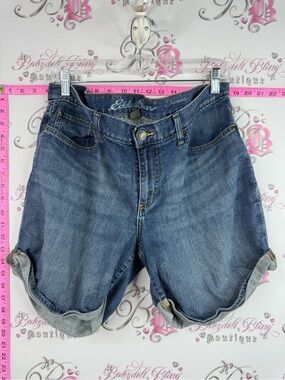 Eddie Bauer shorts denim long style Blue Denim Roll-Tab Jean Shorts